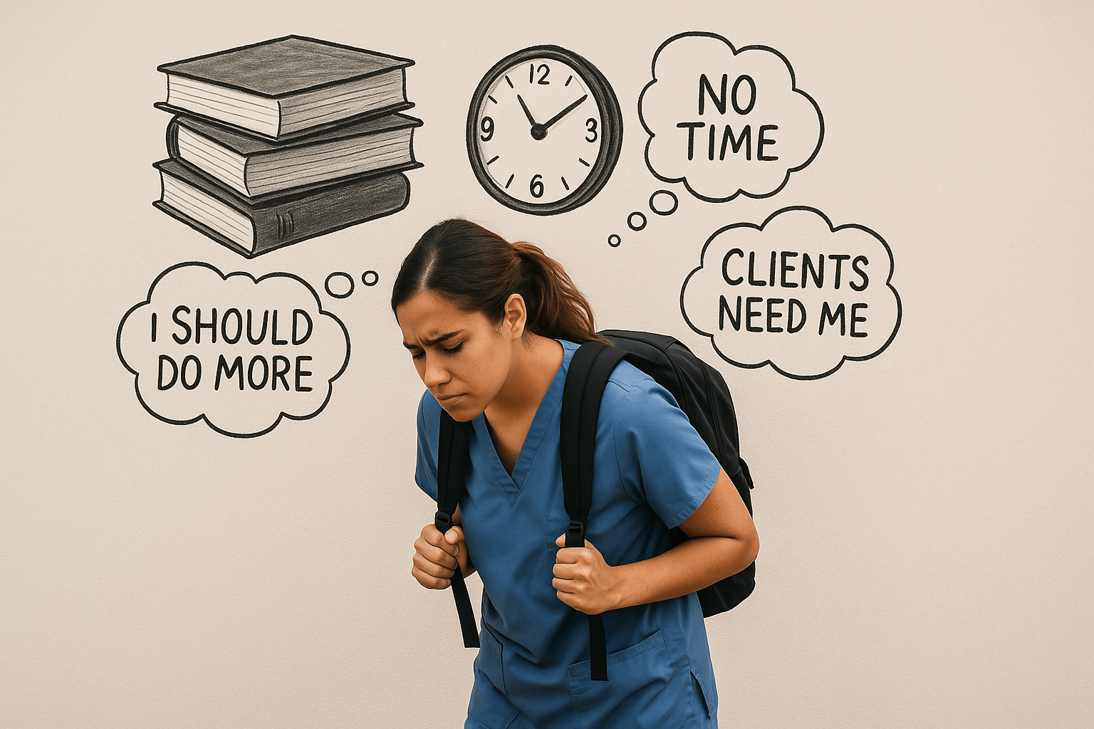 A young woman in medical scrubs carries the invisible weight of training—books, clocks, and thought bubbles reflecting guilt and time pressure