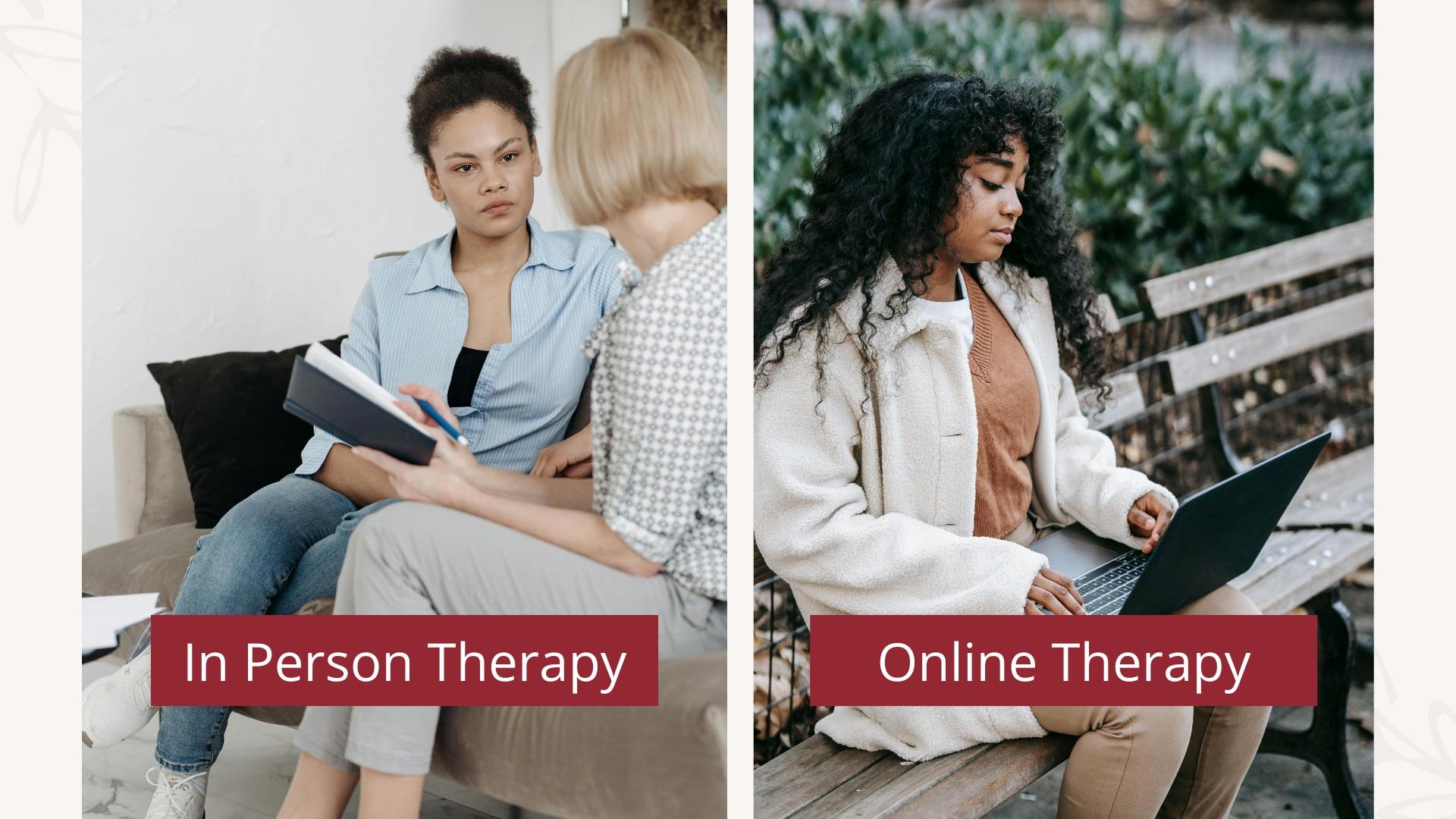 Side-by-side image comparing therapy options: on the left, a woman speaks with a therapist during an in-person session on a couch; on the right, a woman sits on a park bench using a laptop for an online therapy session.