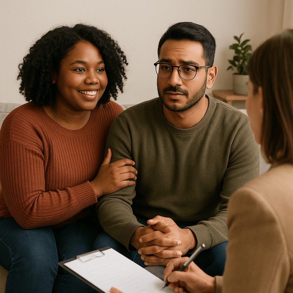 A warm, diverse couple sits together during a therapy session. The woman, who has curly hair and dark skin, smiles and gently touches the arm of the man, who has medium skin, glasses, and a thoughtful expression. They sit across from a female therapist, who is seen from behind holding a clipboard and pen. The setting is cozy and neutral-toned, creating a calm atmosphere.