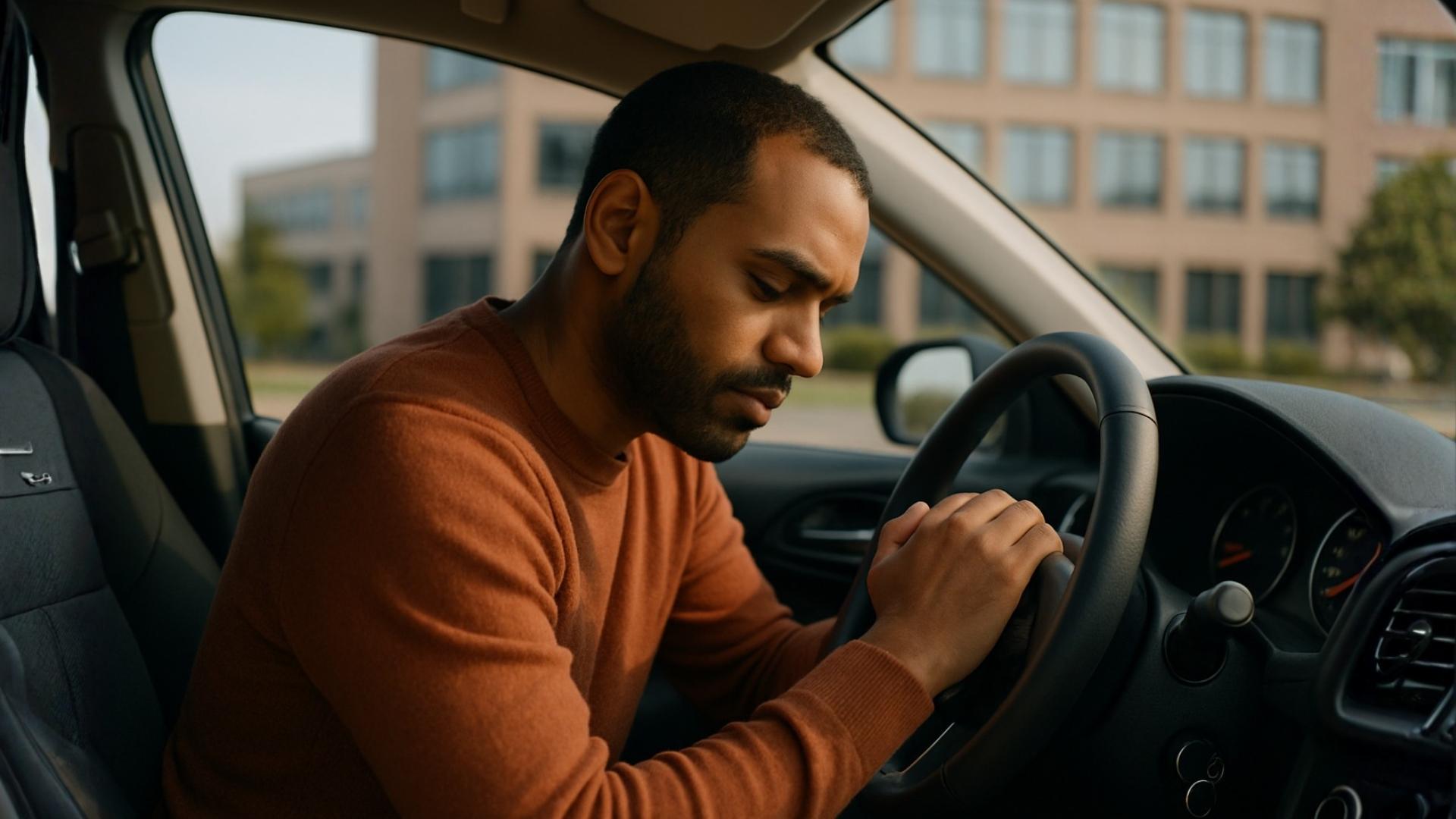 Man sitting in his parked car outside an office building with his hands on the steering wheel, pausing and reflecting.
