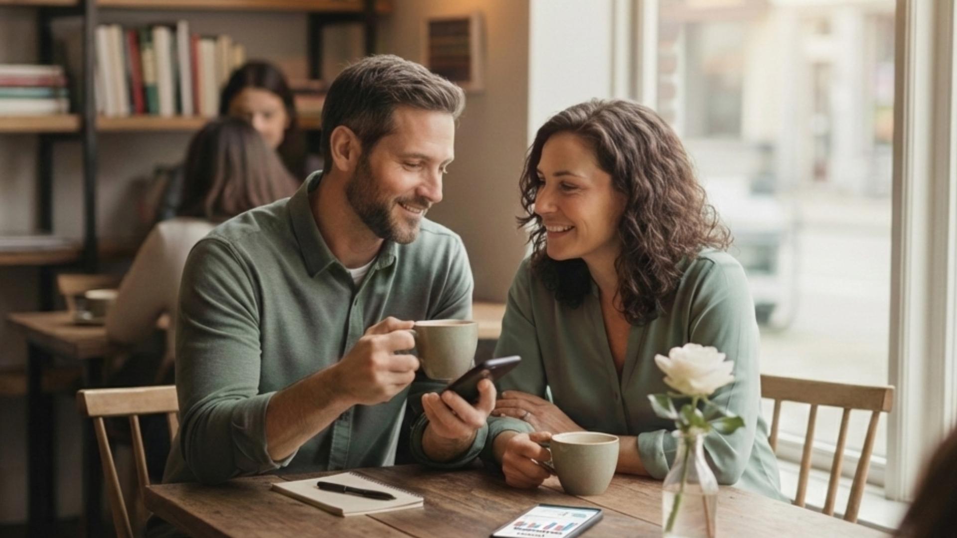 A smiling couple sitting at a wooden cafe table, holding coffee mugs and looking at a smartphone displaying a financial dashboard with colorful charts and data.