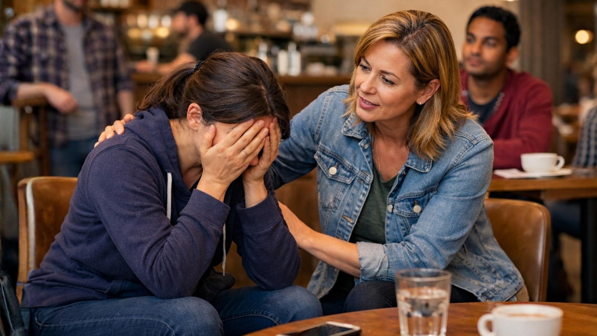A compassionate woman offers quiet support to someone in emotional distress inside a coffee shop, demonstrating calm presence and care during a crisis.