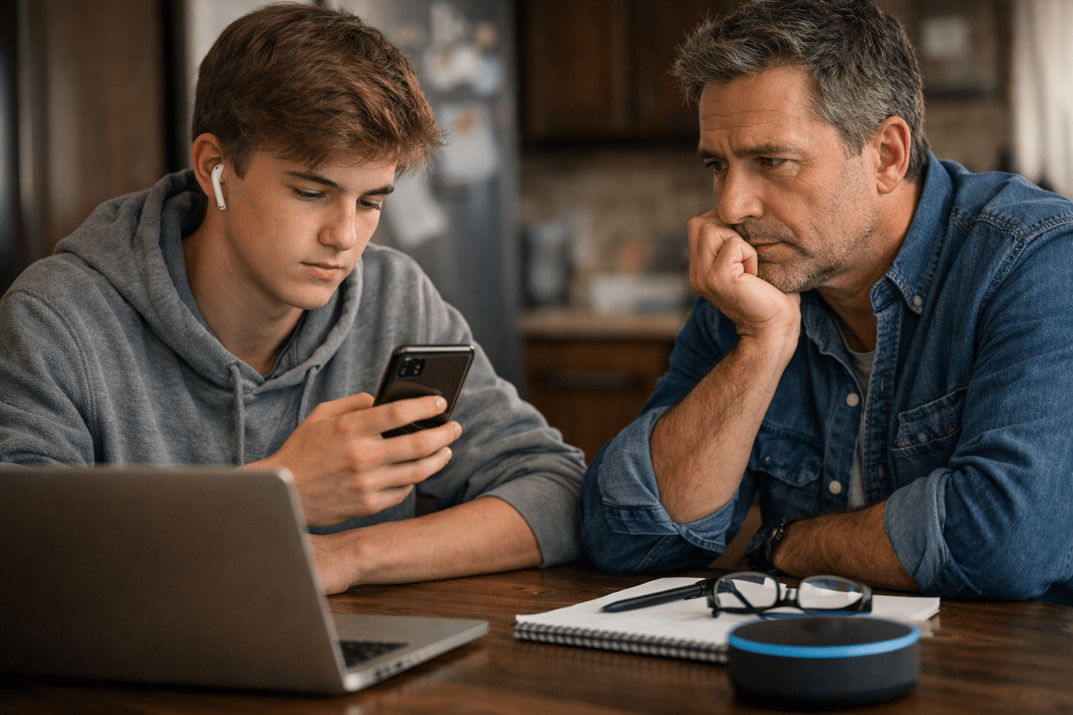 A teenage boy sits at a kitchen table focused on his smartphone, while his father watches thoughtfully from across the table, highlighting a moment of generational tension and reliance on technology.