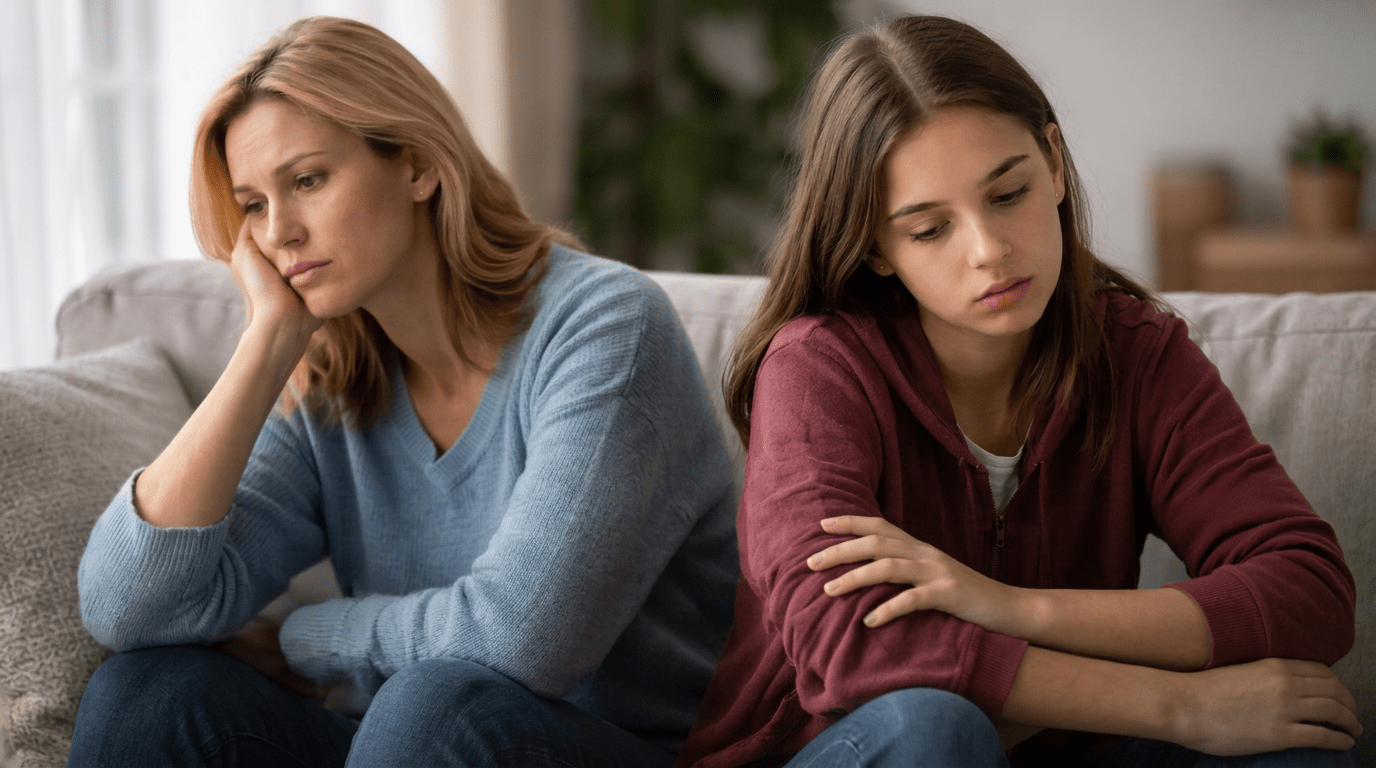 Adult child and parent sitting apart on a couch during a difficult conversation, showing emotional distance in a strained family relationship