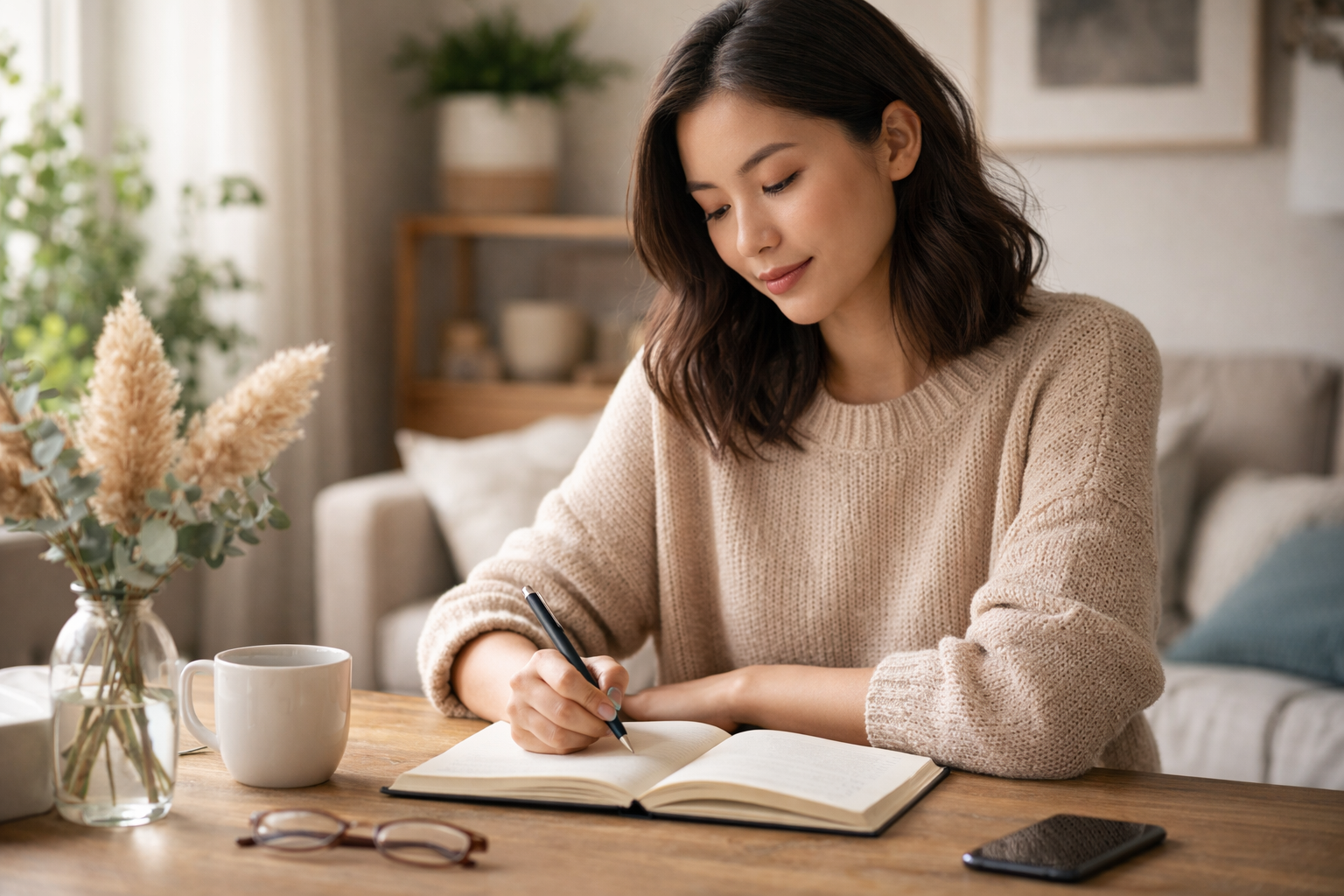 Woman calmly writing in a journal at home, reflecting on setting healthy personal boundaries and self-respect