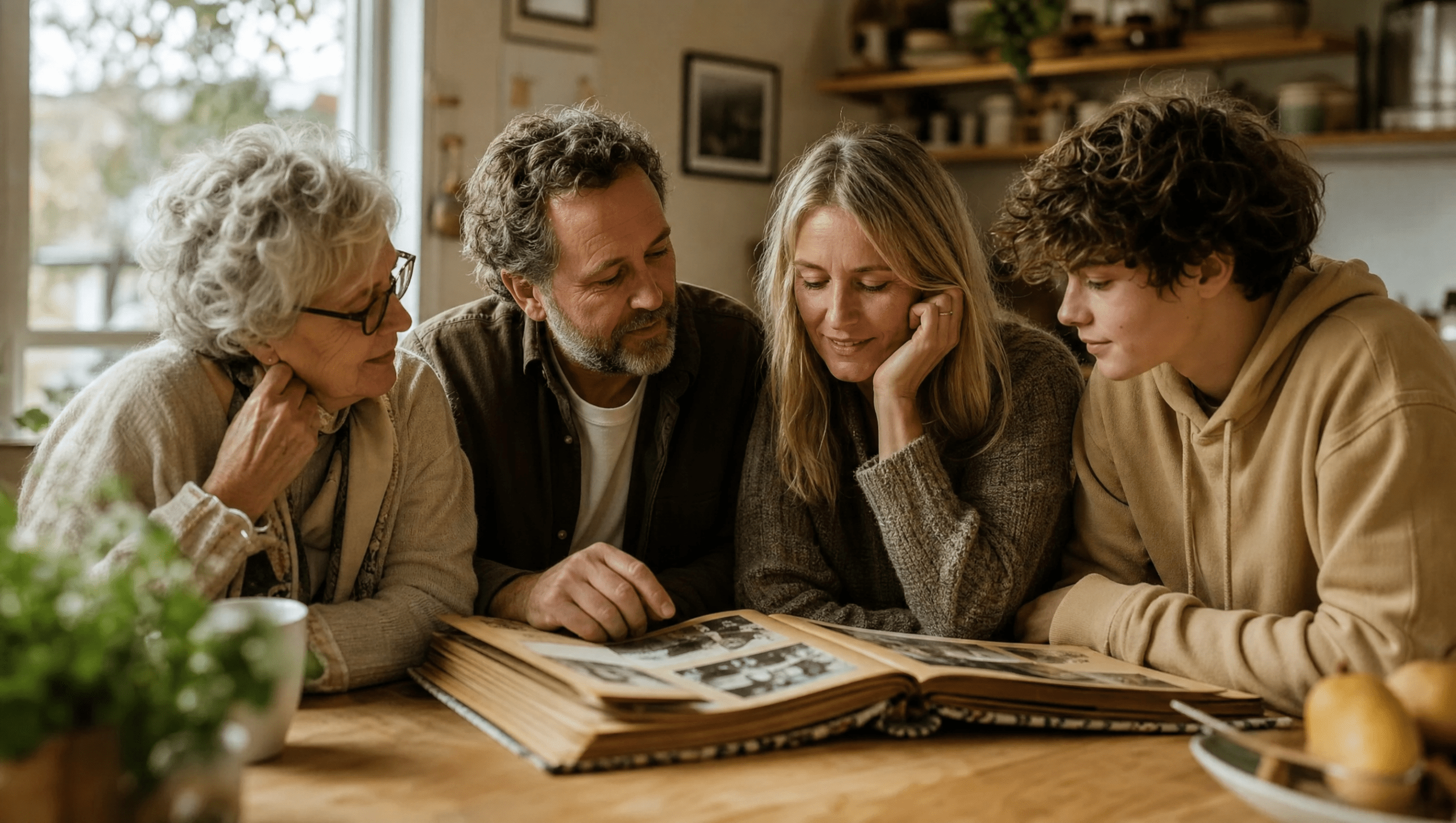 Grieving differently as a family: three generations look through old photos together at a kitchen table.